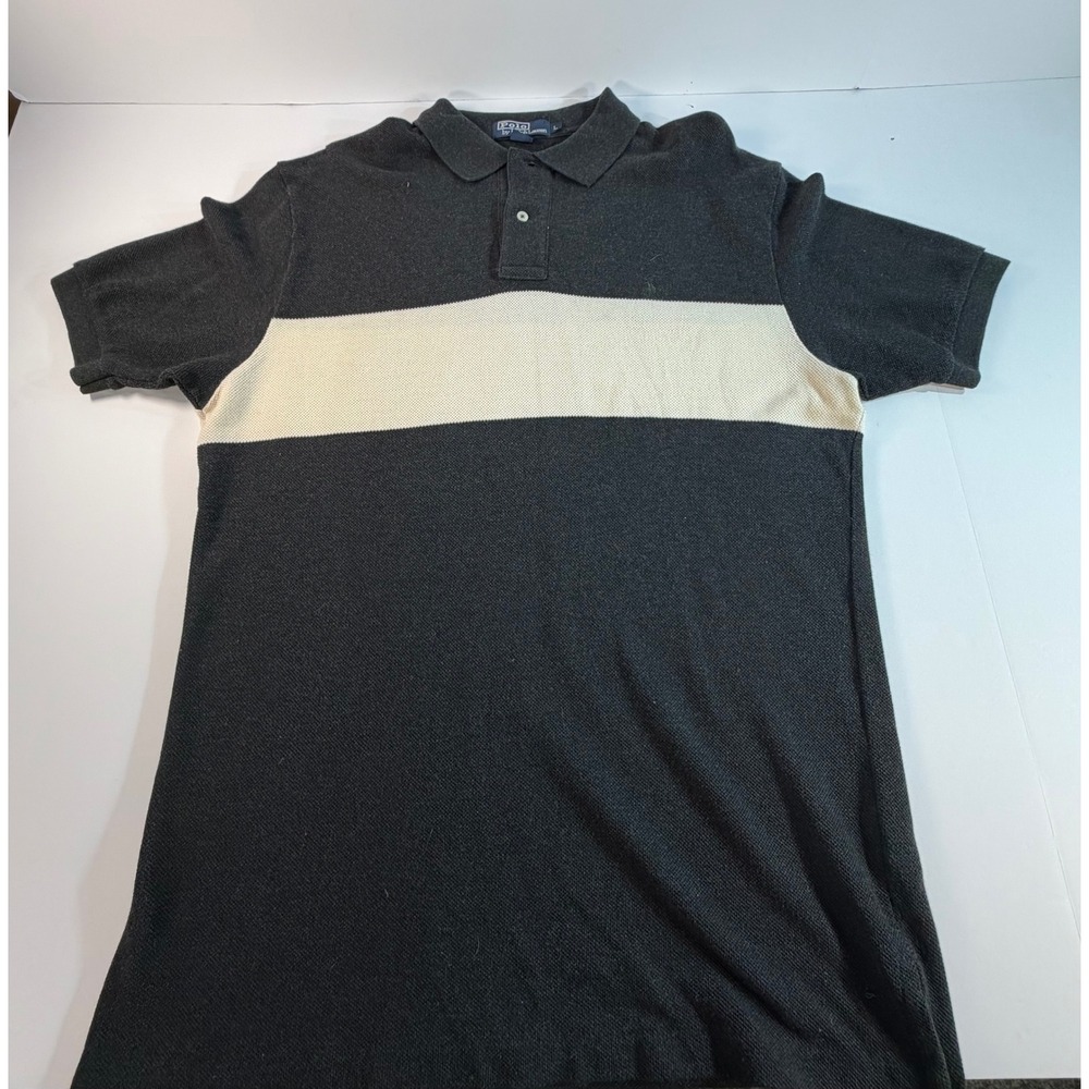Polo Ralph Lauren Mens Large Gray Cream Stripe Cotton Pique Short Sleeve Polo